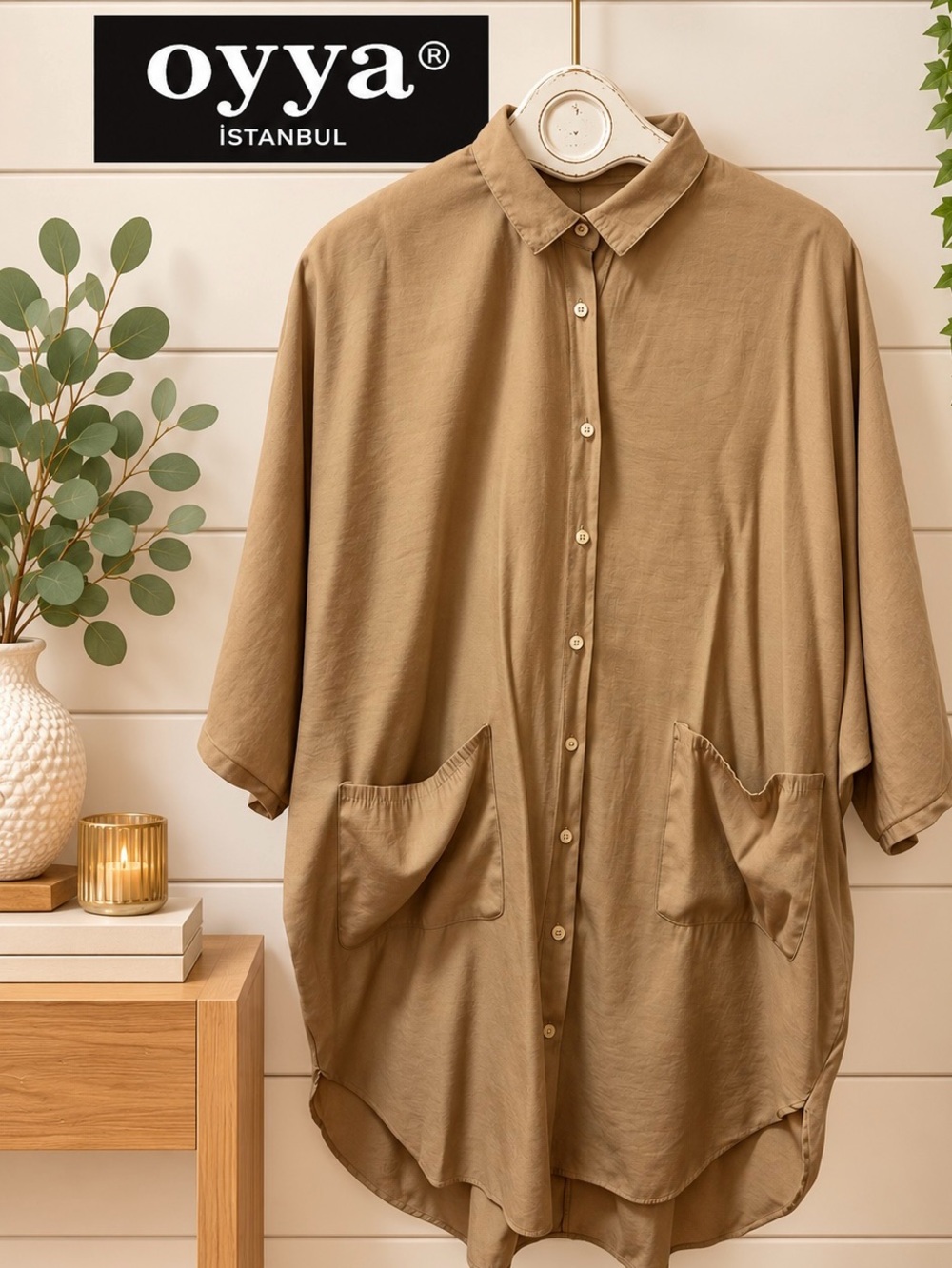 OYYA ISTANBUL – Oversized Tunic Shirt – Beige/Taupe – Size 42